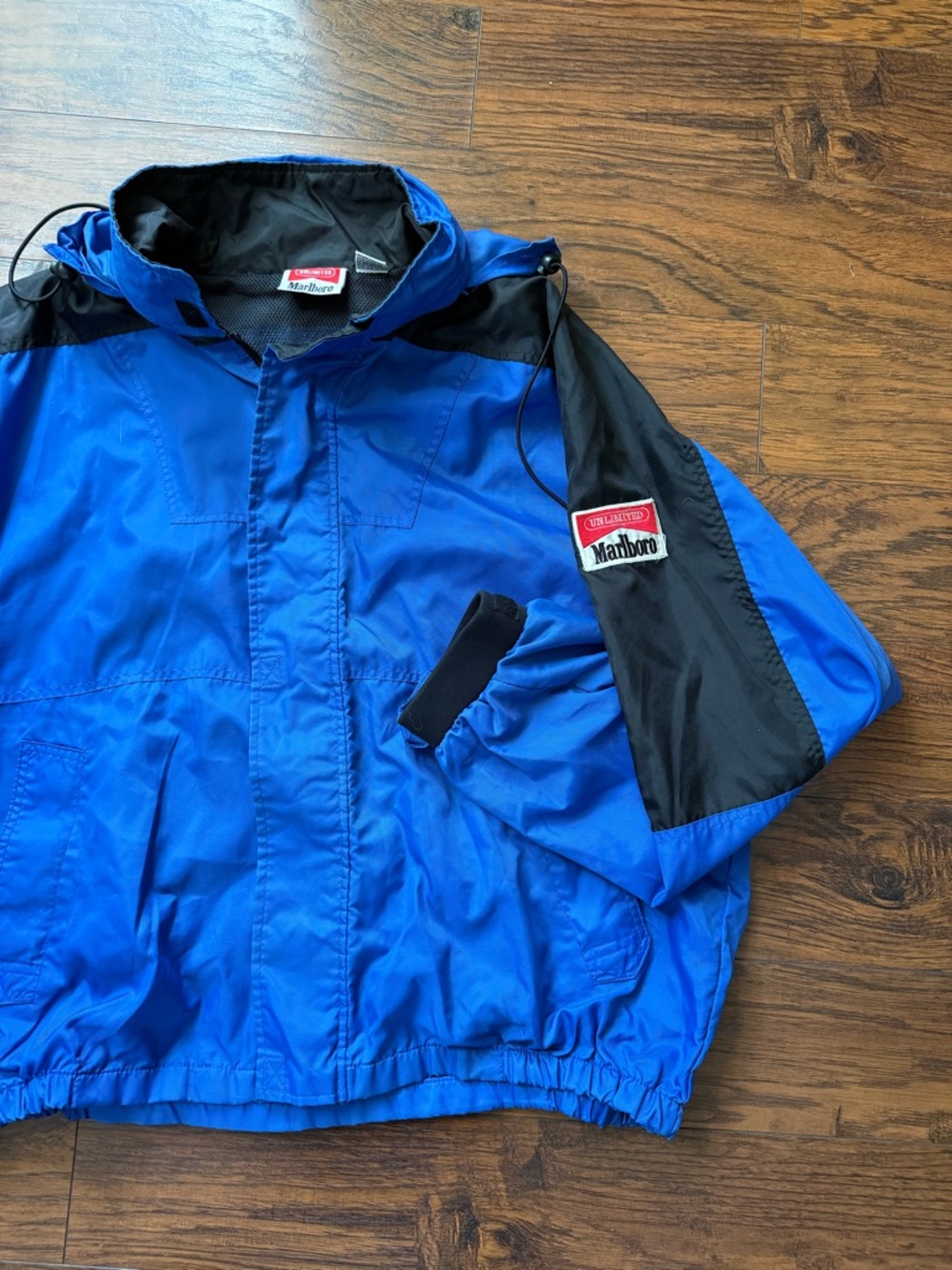 90s Marlboro Blue and Black Hooded Windbreaker Jacket